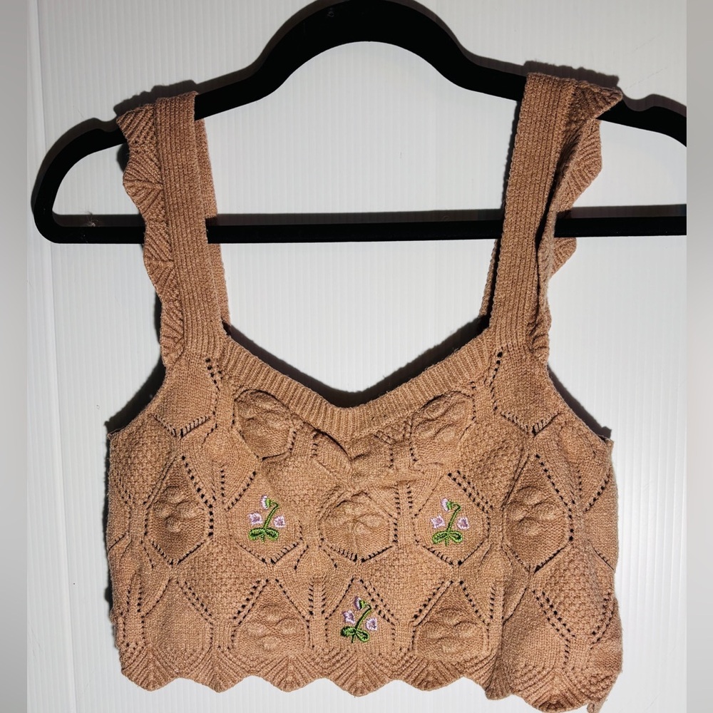 Hazel Moon Brown Knit Floral Embroidered Crop Tank M